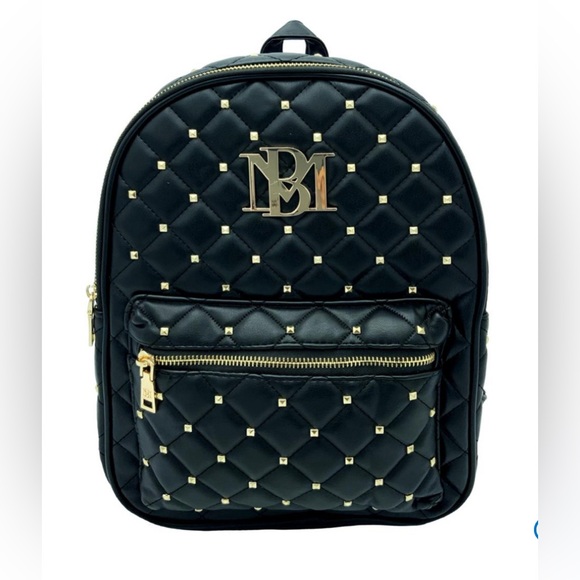 Badgley Mischka Black Quilted Backpack Gold Studded Hardware Adjustable Straps - Picture 1 of 14